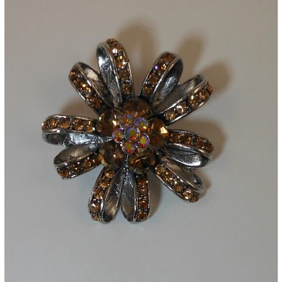 Vintage Amber Topaz AB Flower Ribbon Crystal Rhinestone Silver tone Pin Brooch - Picture 7 of 10